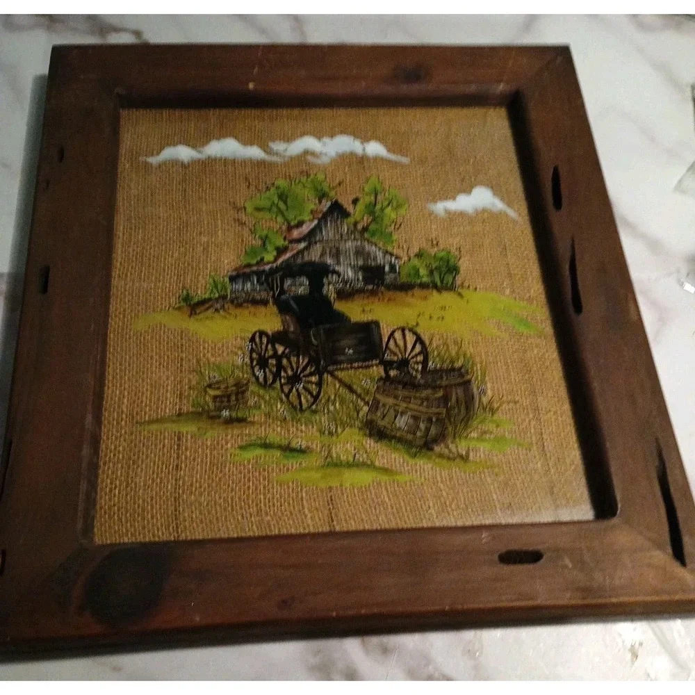 Vintage Rustic Hand Painted 1987 Folk Art with Old Wood Frame‎ Wall Hanging